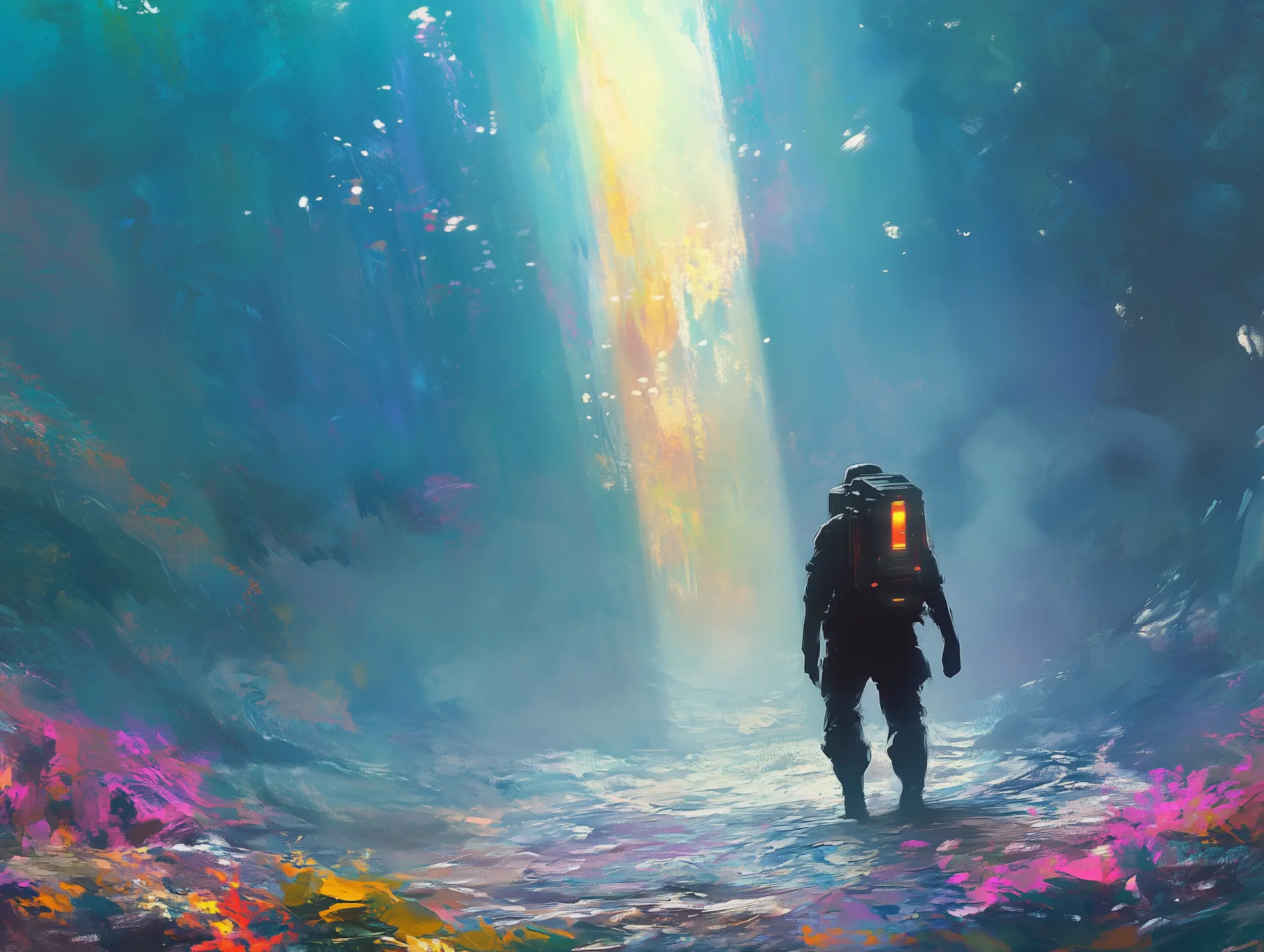 A lone explorer with a lantern walking toward a shaft of light through an unknown, colorful landscape